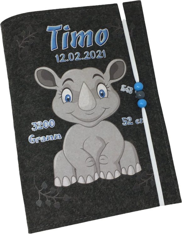 U Heft Hülle Filz Personalisiert | Impfpass Nashorn | untersuchungsheft hülle Geschenk Geburt | Junge Mädchen taufe Fadensalat-shop