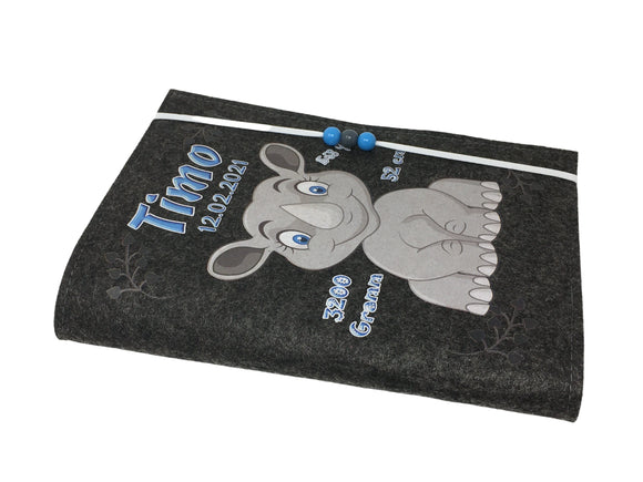 U Heft Hülle Filz Personalisiert | Impfpass Nashorn | untersuchungsheft hülle Geschenk Geburt | Junge Mädchen taufe Fadensalat-shop