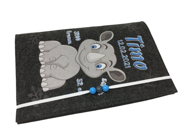 U Heft Hülle Filz Personalisiert | Impfpass Nashorn | untersuchungsheft hülle Geschenk Geburt | Junge Mädchen taufe Fadensalat-shop