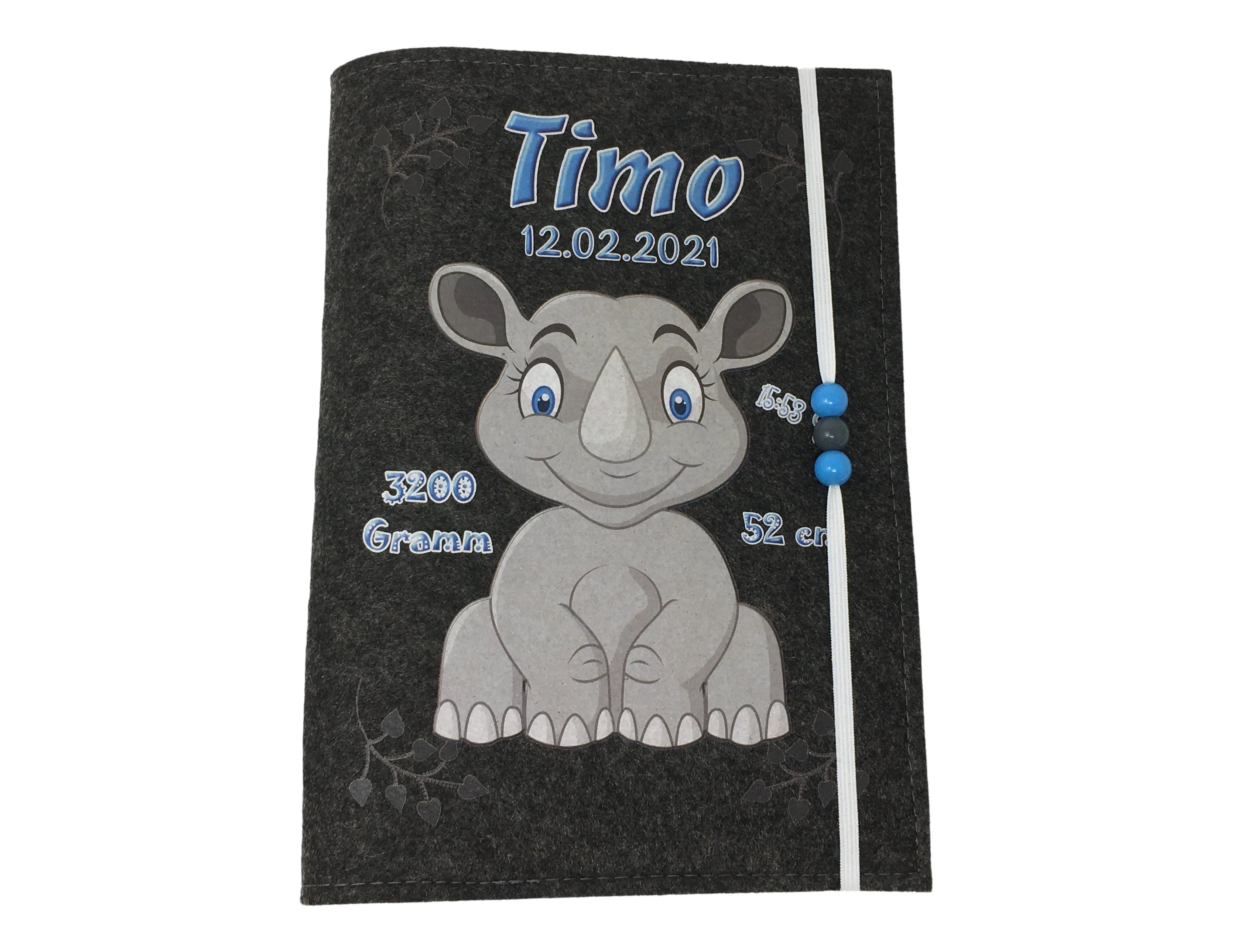 U Heft Hülle Filz Personalisiert | Impfpass Nashorn | untersuchungsheft hülle Geschenk Geburt | Junge Mädchen taufe Fadensalat-shop