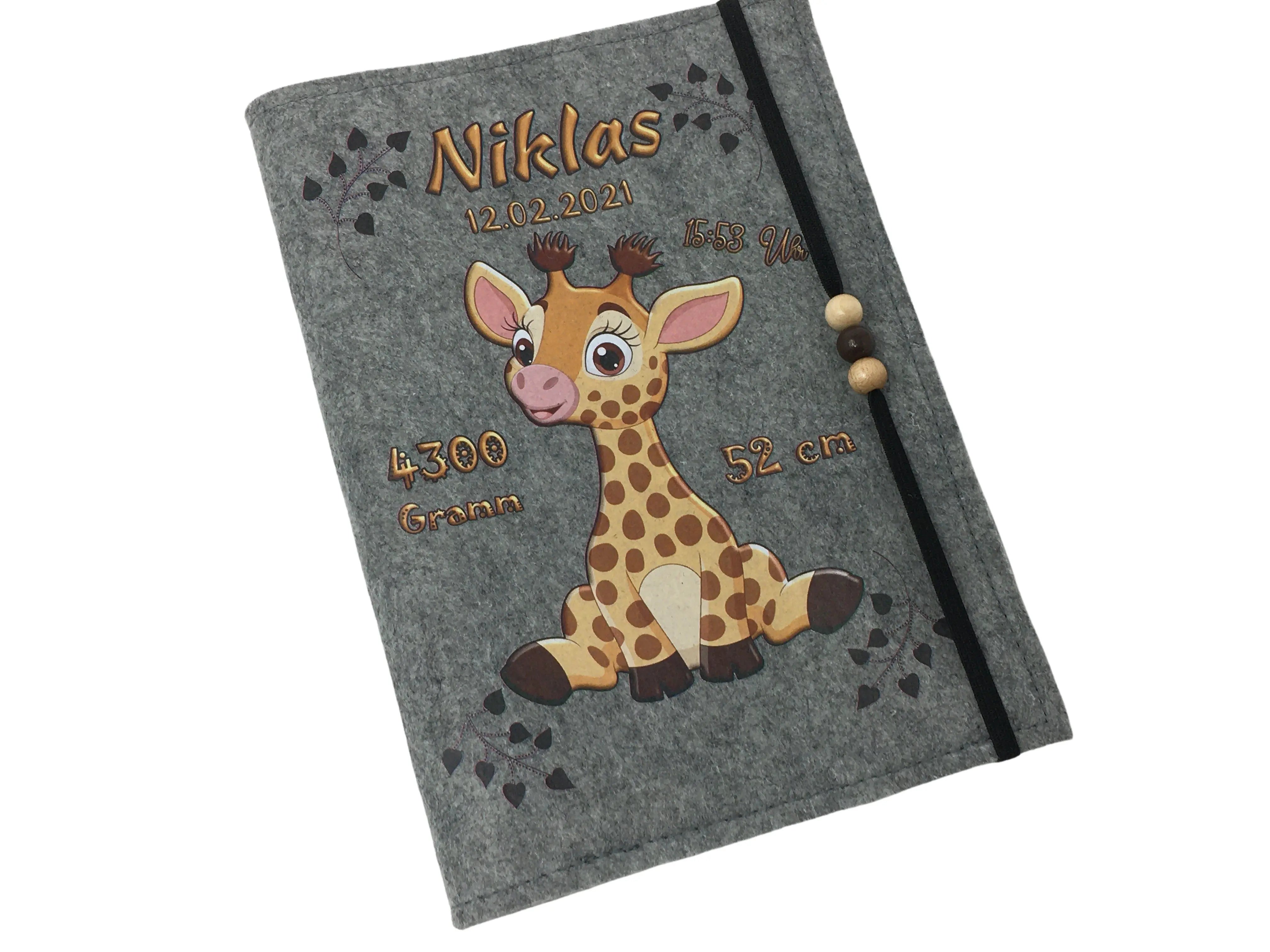 U Heft Hülle Filz mit Namen Datum Impfpass Giraffe untersuchungsheft hülle personalisiert Geschenk Geburt Fadensalat-shop