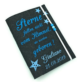 U-Heft Hülle aus Filz mit Namen und Impfpassfach Sterne fallen nicht vom himmel blau Fadensalat-shop