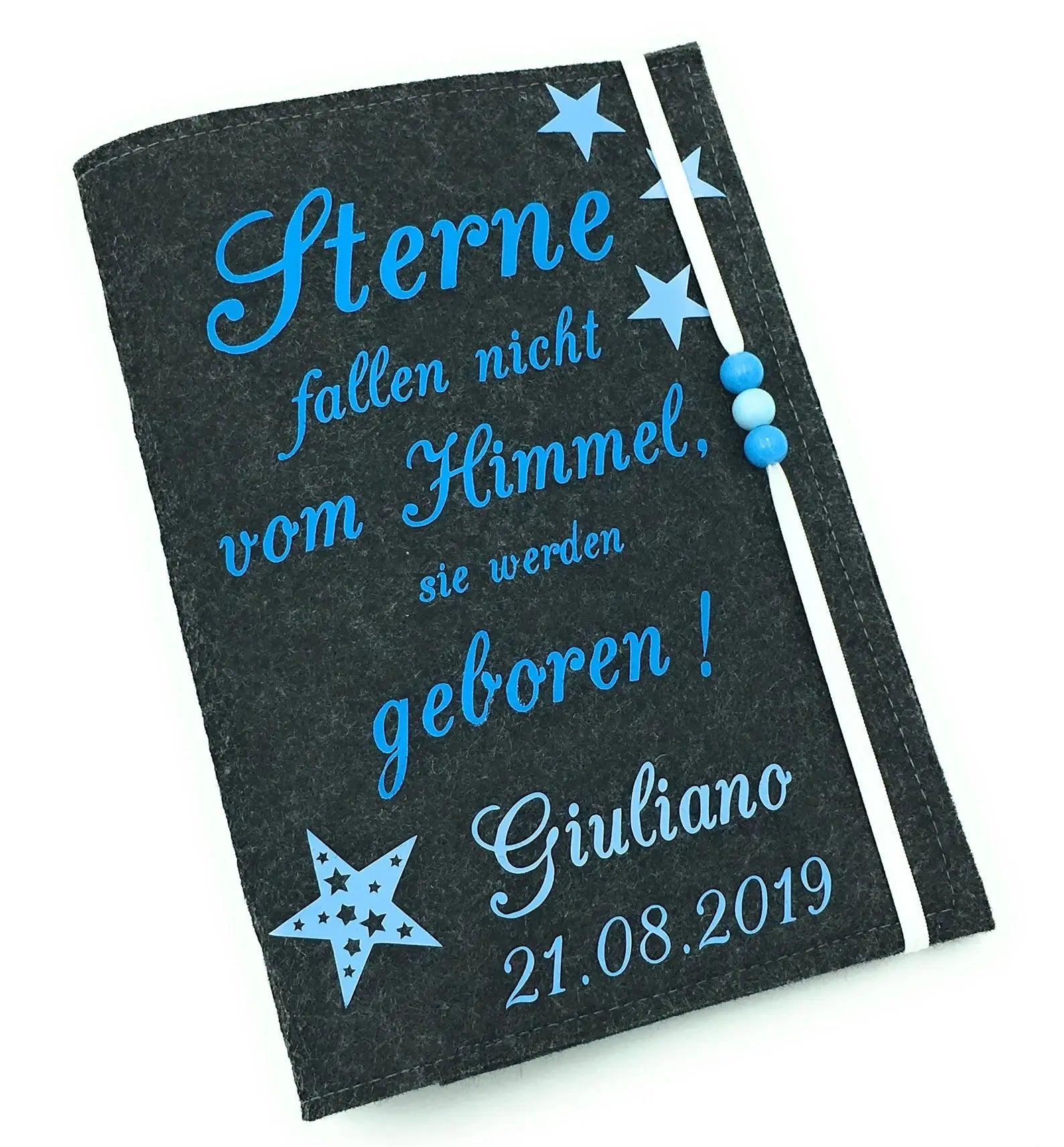 U-Heft Hülle aus Filz mit Namen und Impfpassfach Sterne fallen nicht vom himmel blau Fadensalat-shop