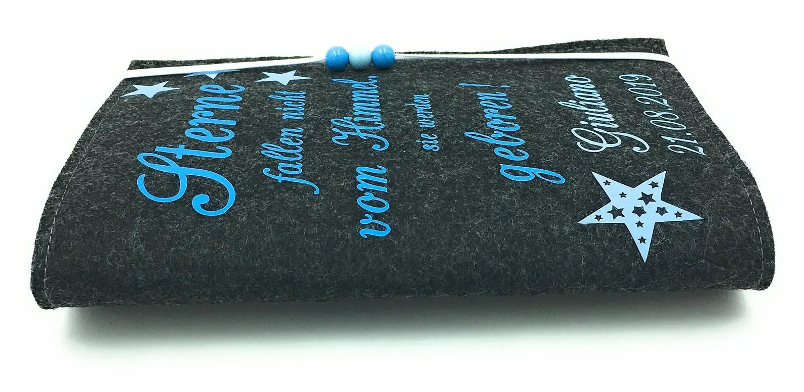 U-Heft Hülle aus Filz mit Namen und Impfpassfach Sterne fallen nicht vom himmel blau Fadensalat-shop