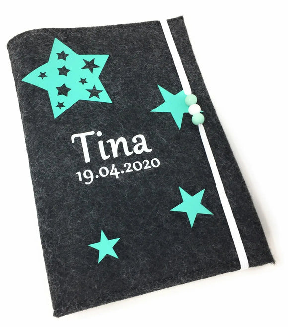 U-Heft Hülle aus Filz mit Namen und Impfpassfach Sterne in Stern mint Fadensalat-shop