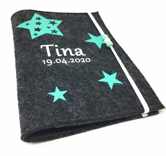 U-Heft Hülle aus Filz mit Namen und Impfpassfach Sterne in Stern mint Fadensalat-shop