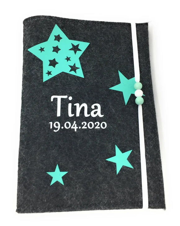 U-Heft Hülle aus Filz mit Namen und Impfpassfach Sterne in Stern mint Fadensalat-shop