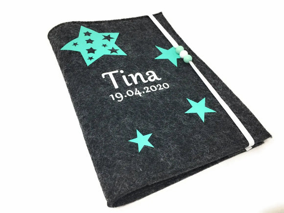 U-Heft Hülle aus Filz mit Namen und Impfpassfach Sterne in Stern mint Fadensalat-shop