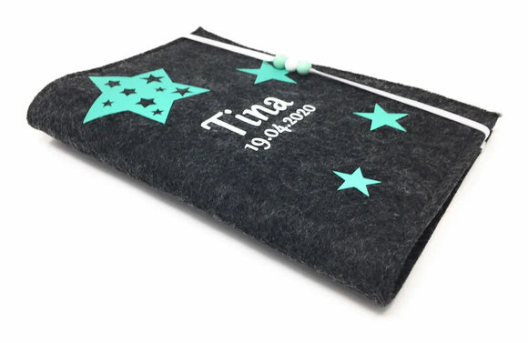 U-Heft Hülle aus Filz mit Namen und Impfpassfach Sterne in Stern mint Fadensalat-shop