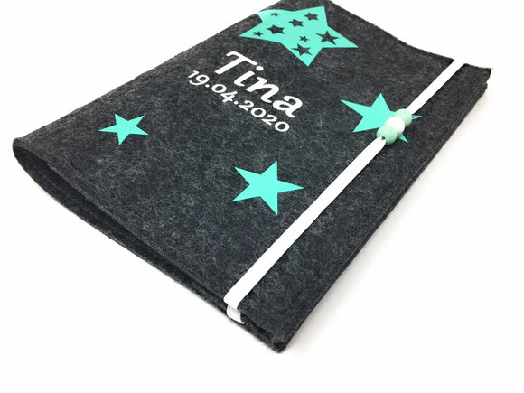 U-Heft Hülle aus Filz mit Namen und Impfpassfach Sterne in Stern mint Fadensalat-shop