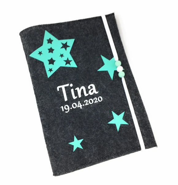 U-Heft Hülle aus Filz mit Namen und Impfpassfach Sterne in Stern mint Fadensalat-shop