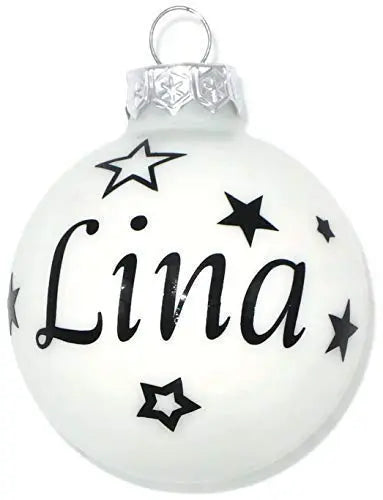 Weihnachtskugel mit Name aus Glas 6cm Wunschtext Weiß Glänzend Personalisierte Christbaumkugel Fadensalat-shop