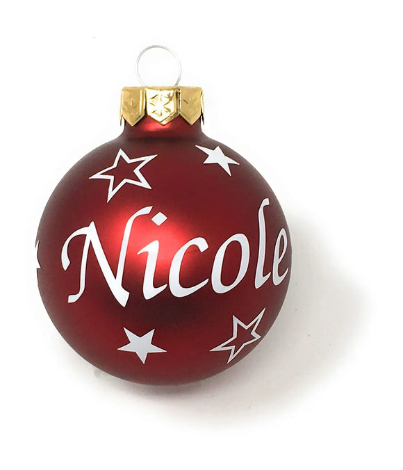 Rote Glas-Weihnachtskugel mit Namen „Oma“ – personalisierter Christbaumschmuck mit Sternen