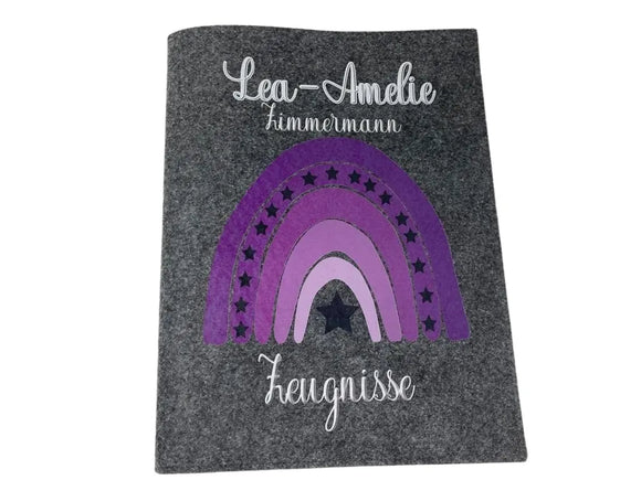Zeugnismappe mit Namen aus Filz (A4) Zeugnis Hefter Dokumenten mappe Zeugnis Mappe personalisiert Regenbogen Mädchen Lila Fadensalat-shop