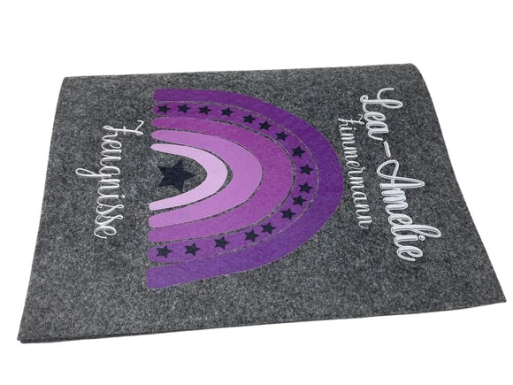 Zeugnismappe mit Namen aus Filz (A4) Zeugnis Hefter Dokumenten mappe Zeugnis Mappe personalisiert Regenbogen Mädchen Lila Fadensalat-shop