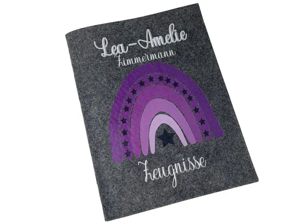 Zeugnismappe mit Namen aus Filz (A4) Zeugnis Hefter Dokumenten mappe Zeugnis Mappe personalisiert Regenbogen Mädchen Lila Fadensalat-shop