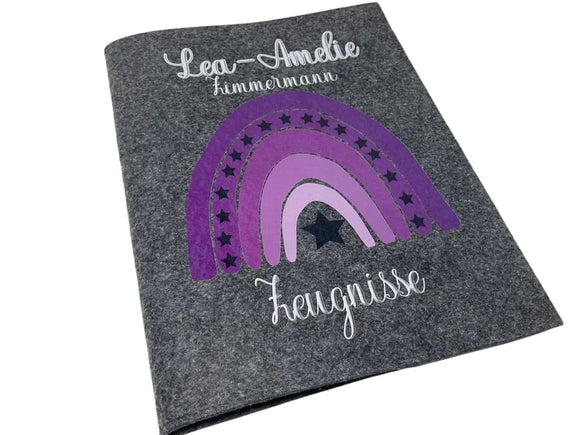 Zeugnismappe mit Namen aus Filz (A4) Zeugnis Hefter Dokumenten mappe Zeugnis Mappe personalisiert Regenbogen Mädchen Lila Fadensalat-shop
