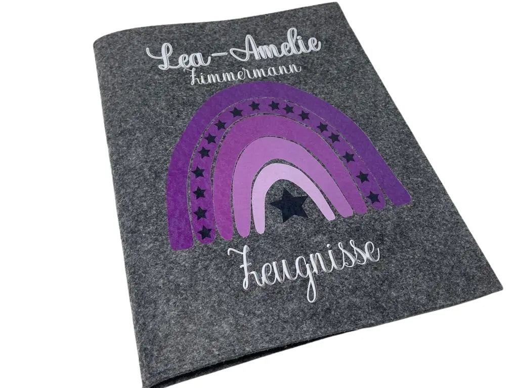 Zeugnismappe mit Namen aus Filz (A4) Zeugnis Hefter Dokumenten mappe Zeugnis Mappe personalisiert Regenbogen Mädchen Lila