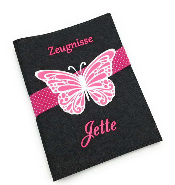 Zeugnismappe mit Namen(A4)incl.zeugniss Hefter Butterfly Dokumentenmappe pink Fadensalat-shop
