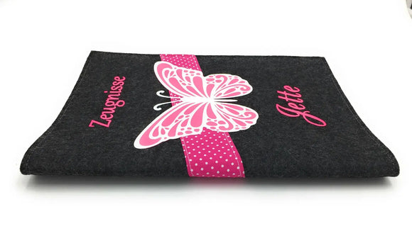 Zeugnismappe mit Namen(A4)incl.zeugniss Hefter Butterfly Dokumentenmappe pink Fadensalat-shop