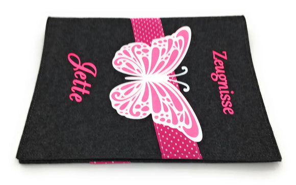Zeugnismappe mit Namen(A4)incl.zeugniss Hefter Butterfly Dokumentenmappe pink Fadensalat-shop