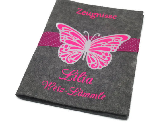 Zeugnismappe mit Namen(A4)incl.zeugniss Hefter Butterfly Fadensalat-shop