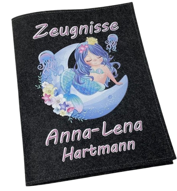 Zeugnismappe mit Namen aus Filz (A4) incl.zeugniss Hefter Einschulung Geschenk Zeugnis mappe personalisiert Meerjungfrau