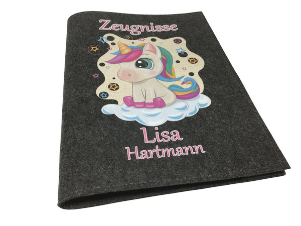 Zeugnismappe mit Namen aus Filz (A4) incl.incl.zeugniss Hefter dokumentenmappe zeugniss mappe personalisiert Einhorn dunkel