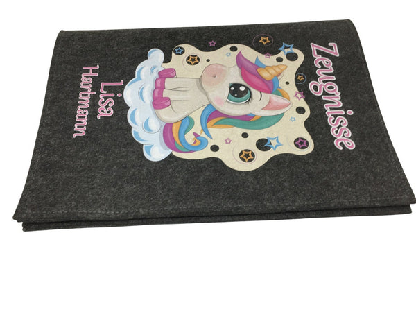 Zeugnismappe mit Namen aus Filz (A4) incl.incl.zeugniss Hefter dokumentenmappe zeugniss mappe personalisiert Einhorn dunkel