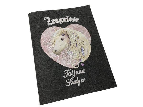 Zeugnismappe mit Namen aus Filz (A4) incl.zeugniss Hefter dokumentenmappe zeugniss mappe personalisiert Pferdekopf rosatöne dunkel
