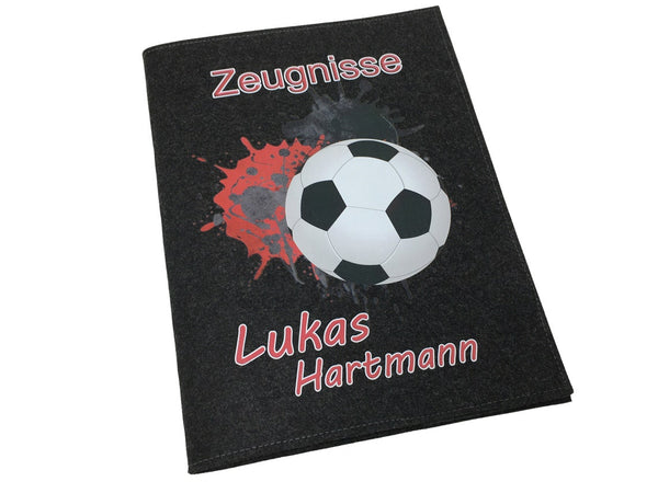 Zeugnismappe mit Namen aus Filz (A4) incl.zeugniss Hefter dokumentenmappe zeugniss mappe personalisiert Fussball Rot dunkel