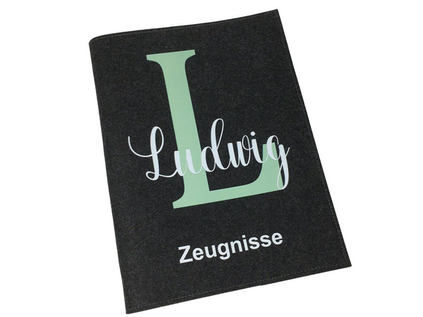 Zeugnismappe mit Namen aus Filz (A4) incl.zeugniss Hefter dokumentenmappe zeugniss mappe personalisiert Buchstabe mint dunkel