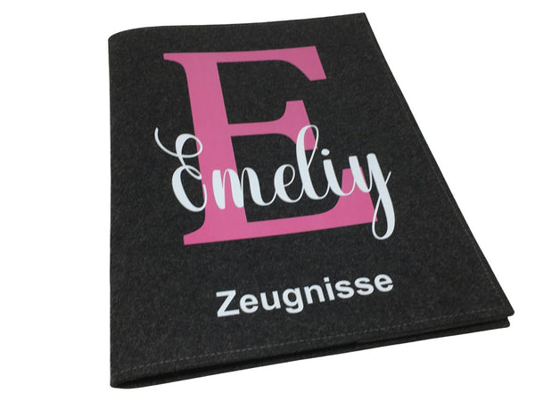Zeugnismappe mit Namen aus Filz (A4) incl.zeugniss Hefter dokumentenmappe zeugniss mappe personalisiert Buchstabe Rosa dunkel