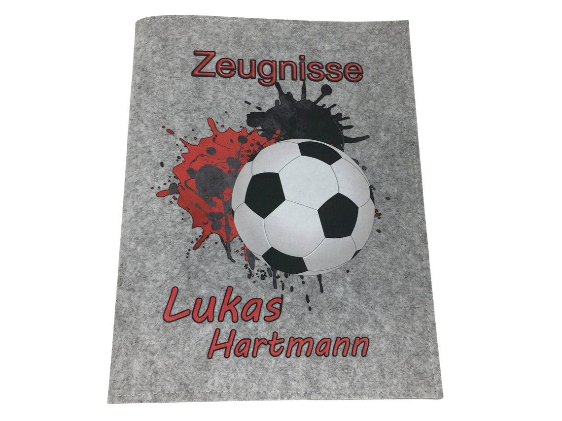 Zeugnismappe mit Namen aus Filz (A4) incl.zeugniss Hefter dokumentenmappe zeugniss mappe personalisiert Fussball Rot Hell