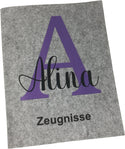 Zeugnismappe mit Namen aus Filz (A4) incl.zeugniss Hefter dokumentenmappe zeugniss mappe personalisiert Buchstabe Lila Hell