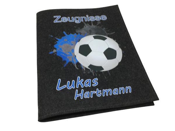 Zeugnismappe mit Namen aus Filz (A4) incl.zeugniss Hefter dokumentenmappe zeugniss mappe personalisiert Fussball blau dunkel