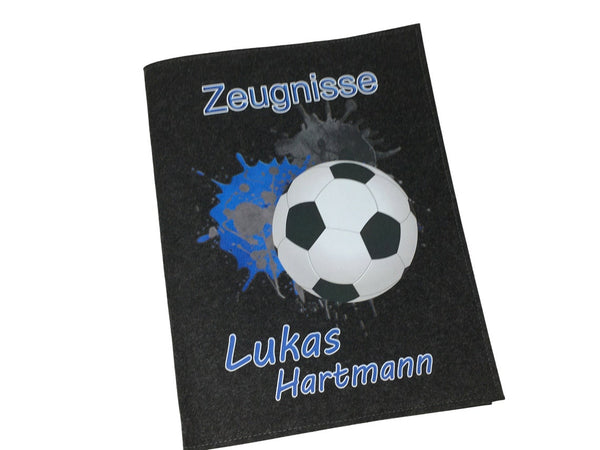 Zeugnismappe mit Namen aus Filz (A4) incl.zeugniss Hefter dokumentenmappe zeugniss mappe personalisiert Fussball blau dunkel