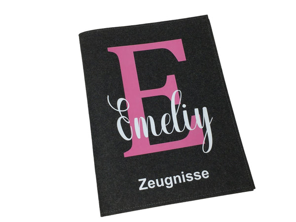 Zeugnismappe mit Namen aus Filz (A4) incl.zeugniss Hefter dokumentenmappe zeugniss mappe personalisiert Buchstabe Rosa dunkel
