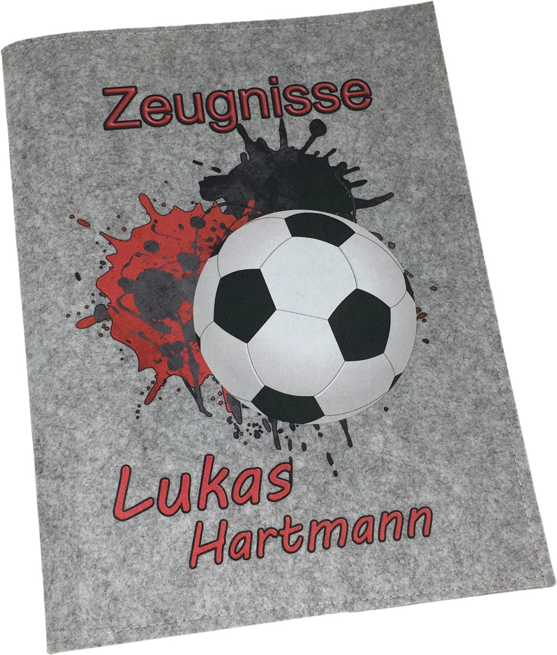 Zeugnismappe mit Namen aus Filz (A4) incl.zeugniss Hefter dokumentenmappe zeugniss mappe personalisiert Fussball Rot Hell