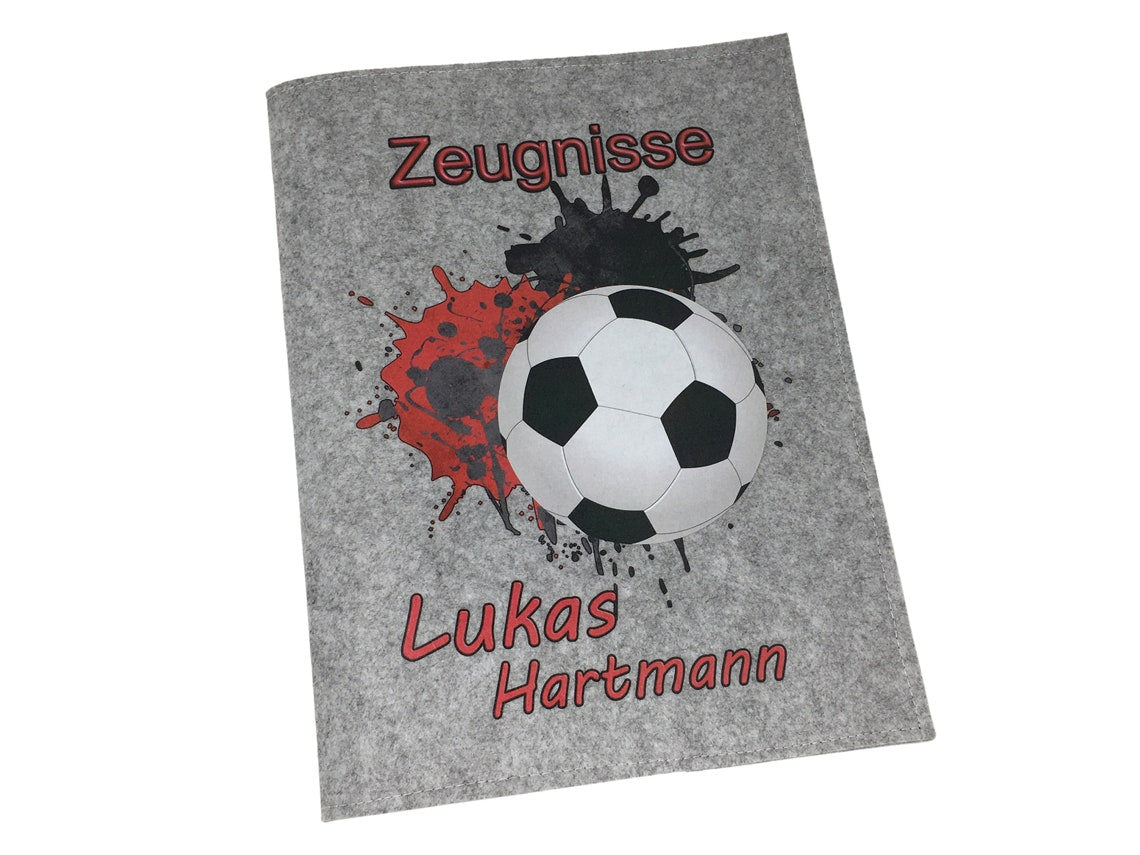 Zeugnismappe mit Namen aus Filz (A4) incl.zeugniss Hefter dokumentenmappe zeugniss mappe personalisiert Fussball Rot Hell