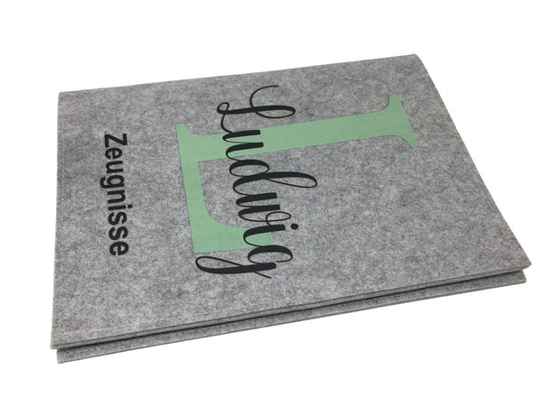 Zeugnismappe mit Namen aus Filz (A4) incl.zeugniss Hefter dokumentenmappe zeugniss mappe personalisiert Buchstabe Mint Hell