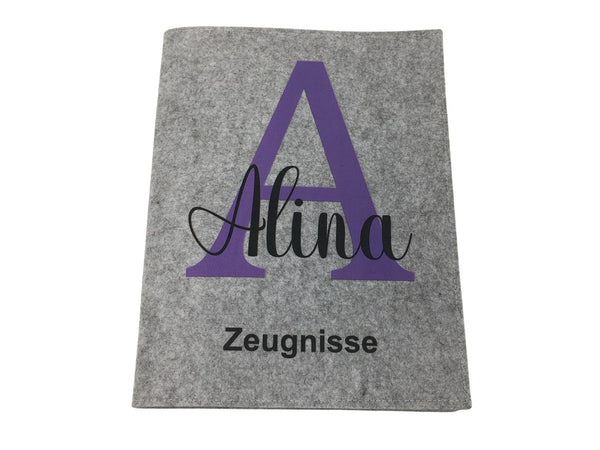 Zeugnismappe mit Namen aus Filz (A4) incl.zeugniss Hefter dokumentenmappe zeugniss mappe personalisiert Buchstabe Lila Hell