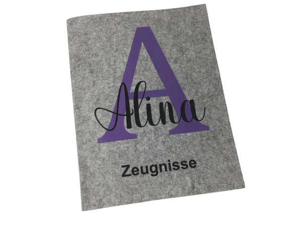 Zeugnismappe mit Namen aus Filz (A4) incl.zeugniss Hefter dokumentenmappe zeugniss mappe personalisiert Buchstabe Lila Hell