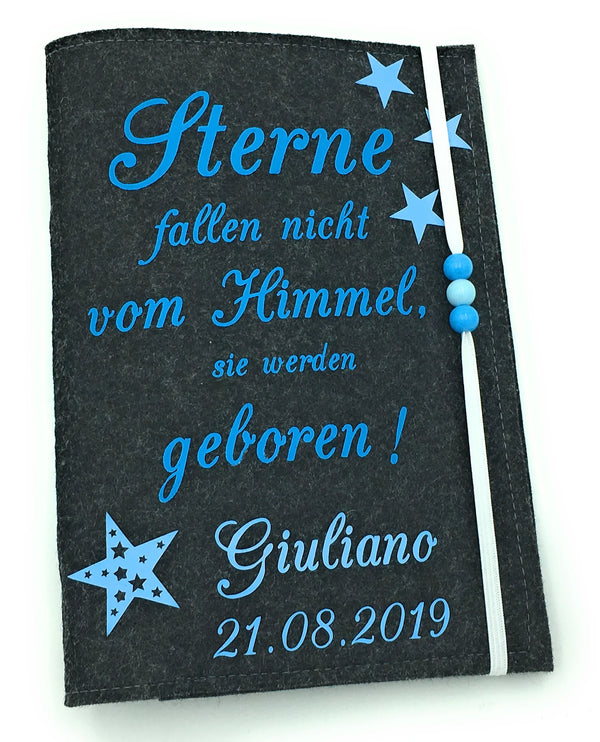 U-Heft Hülle aus Filz mit Namen und Impfpassfach Sterne fallen nicht vom himmel blau