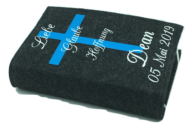 Gotteslobhülle mit Namen aus filz mit Kreuz Blau/weis Gesangbuch