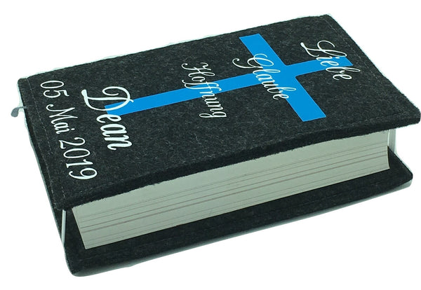 Gotteslobhülle mit Namen aus filz mit Kreuz Blau/weis Gesangbuch