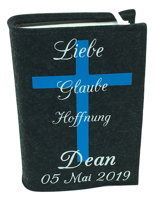 Gotteslobhülle mit Namen aus filz mit Kreuz Blau/weis Gesangbuch