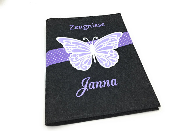 Zeugnismappe mit Namen(A4)incl.zeugniss Hefter Butterfly Dokumentenmappe Flieder